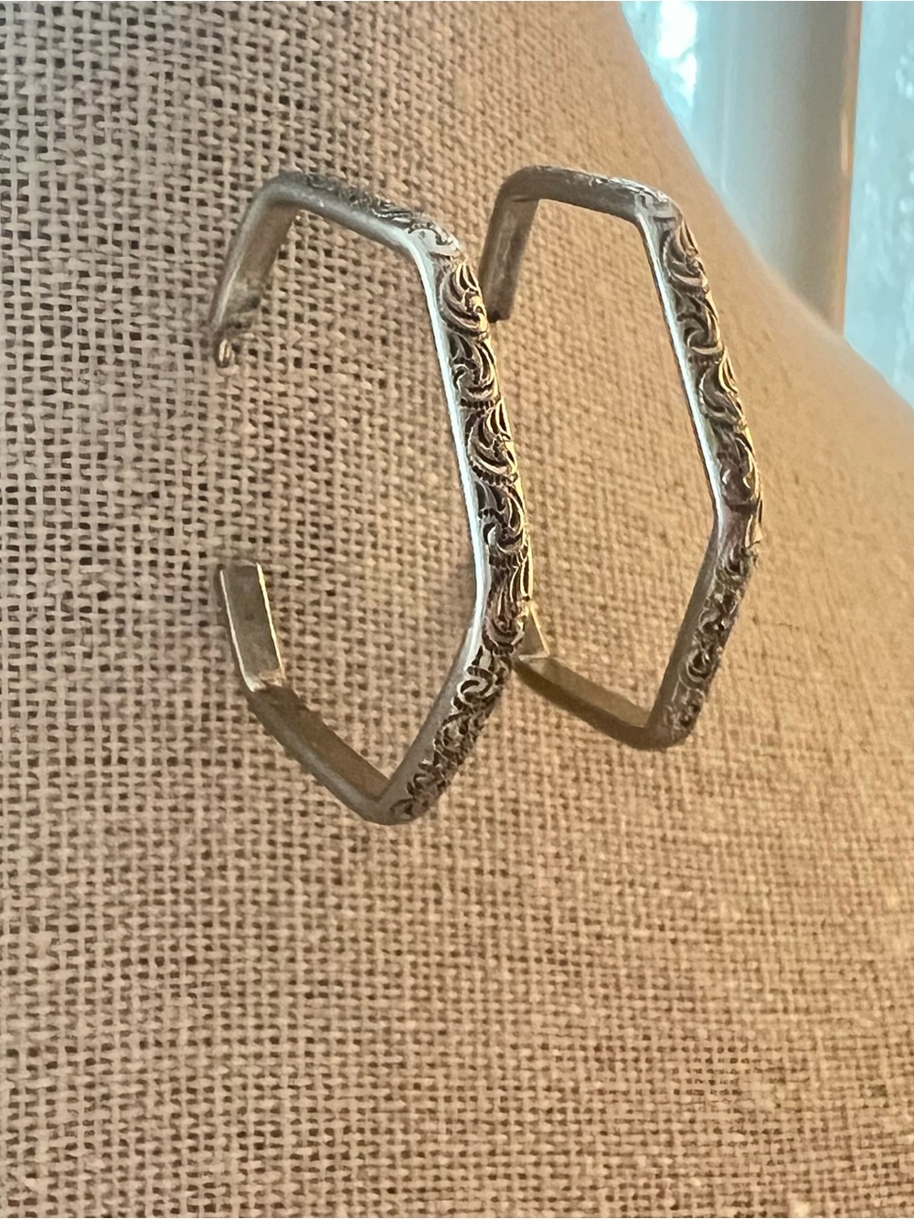 Vintage Sterling Silver Floral Engraved Hexagon Hoop Earrings